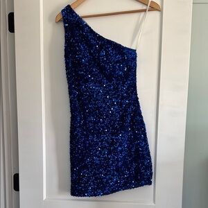 Blue Sequin One-Shoulder Dress
